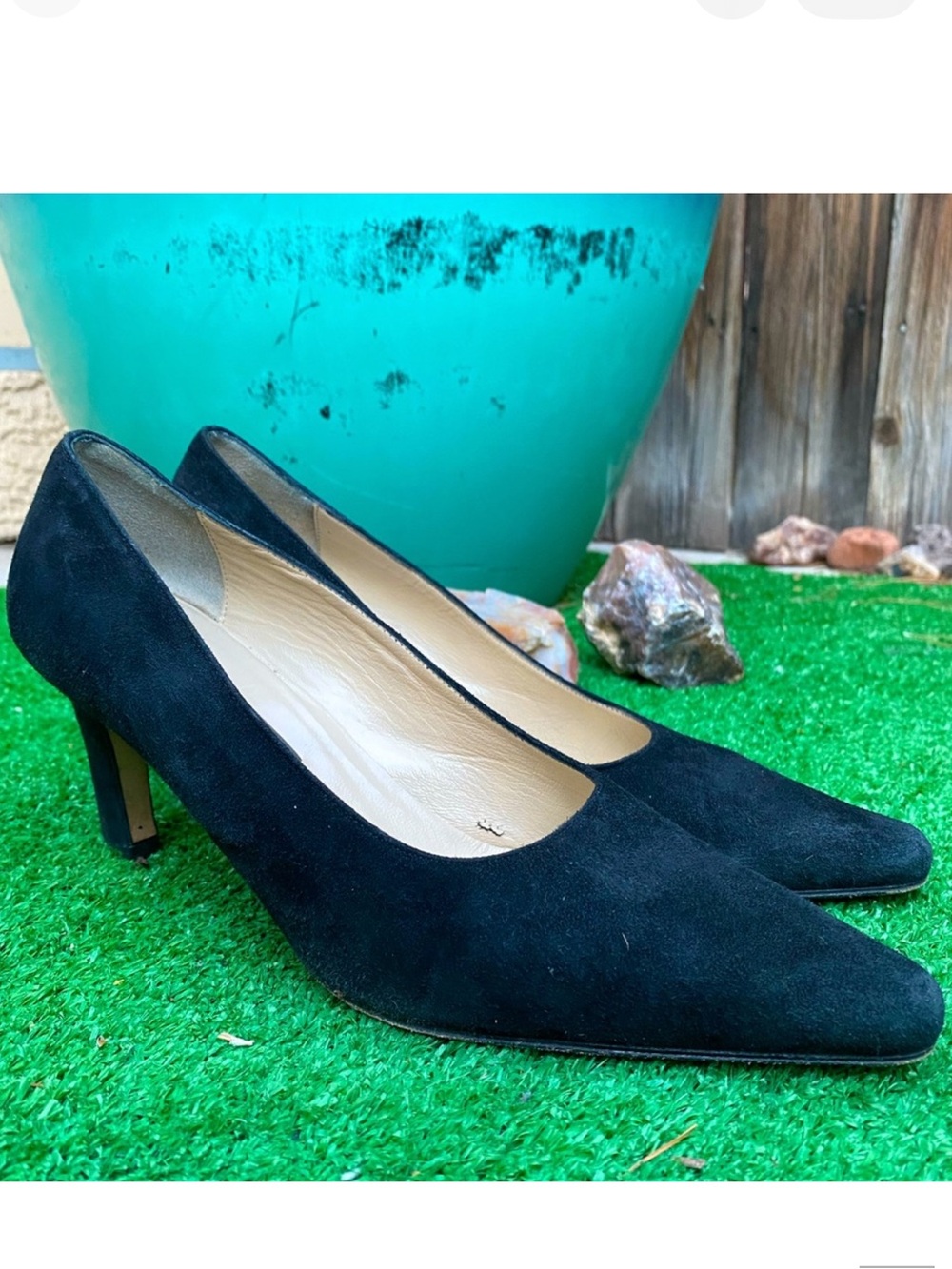 Anne Klein Black Suede Pointed-Toe Short Heel Pumps
